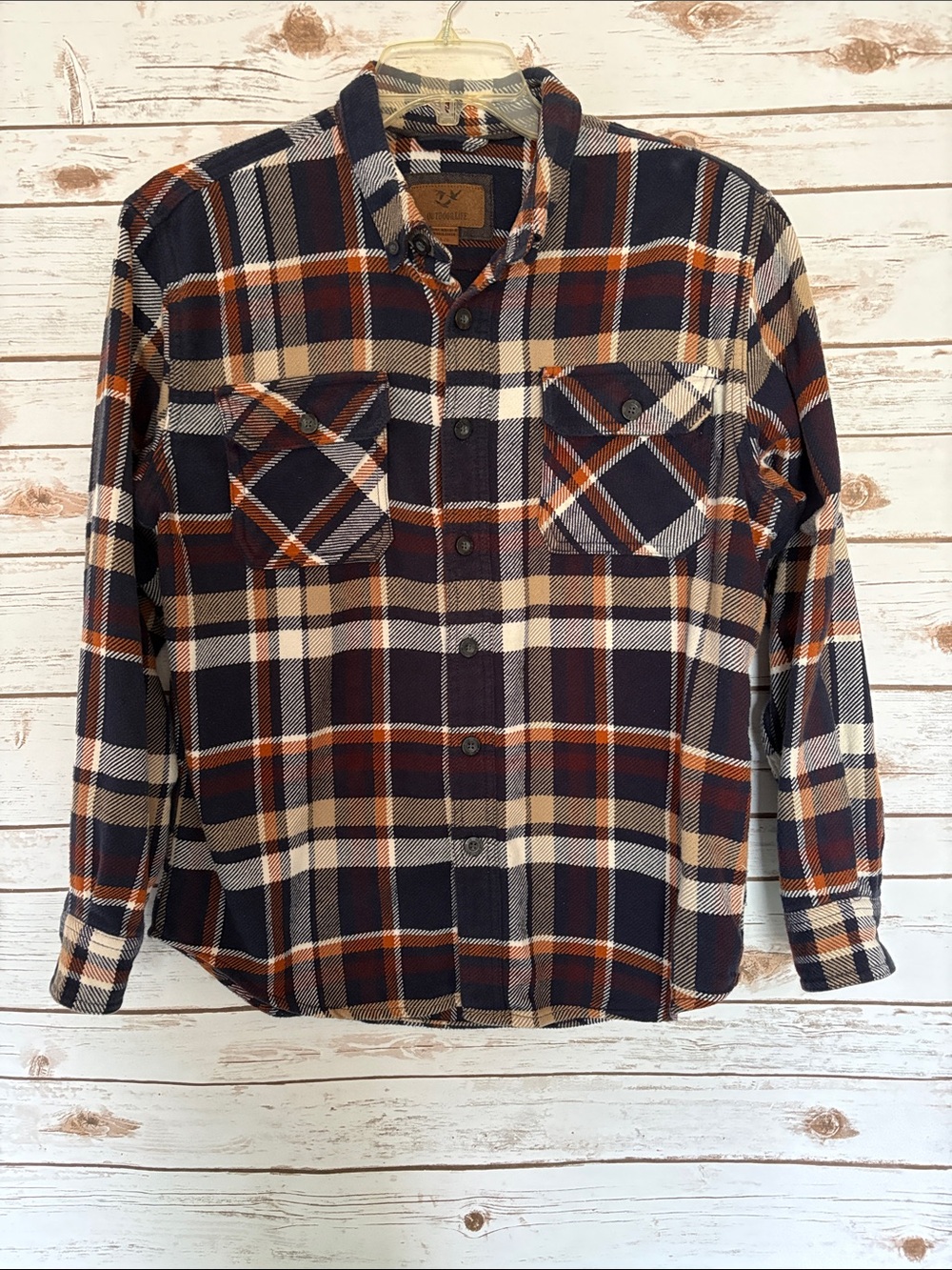 Outdoor Life Men's Plaid Flannel Button-Down Shirt - Navy, Cream & Brown Size L